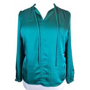 Loft NEW Green Faux Silk/Satin Long Sleeve Tie Neck Blouse XL
